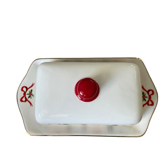 Christmas Nutcracker Covered Butter Dish Holiday Bow Collection Red White NEW - Picture 3 of 16